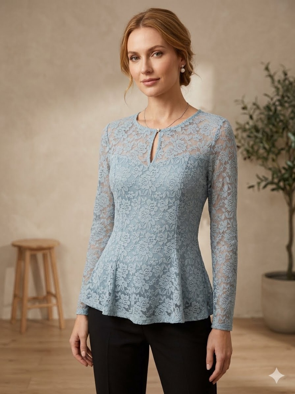 Elegant Light Blue Lace Peplum Long-Sleeve Top NWOT
